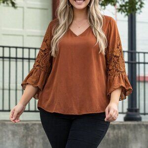 RusttyDustty Womens Brown Tan Blouse Top Lace 3/4 sleeve Medium boho country